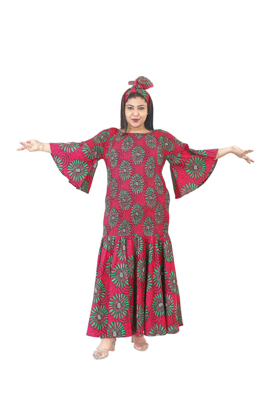Elastic Bell Sleeve Dress "Red, Green"