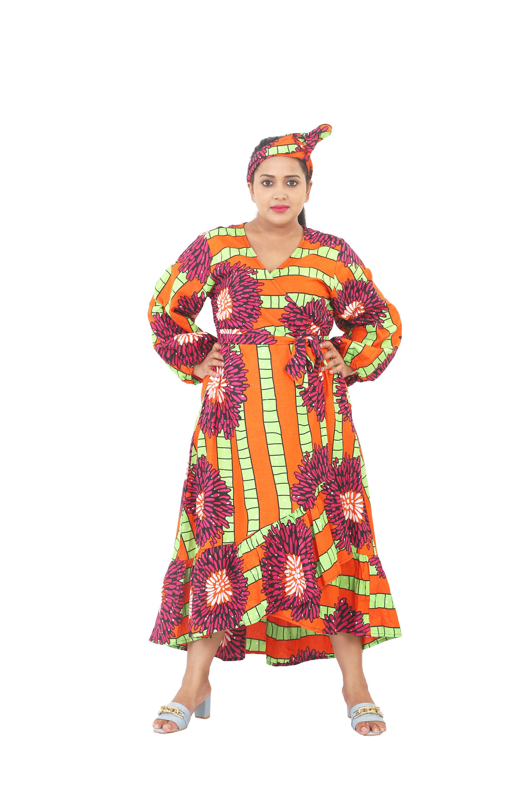 High-Low Long Sleeve Wrap Dress "Orange, Magenta"