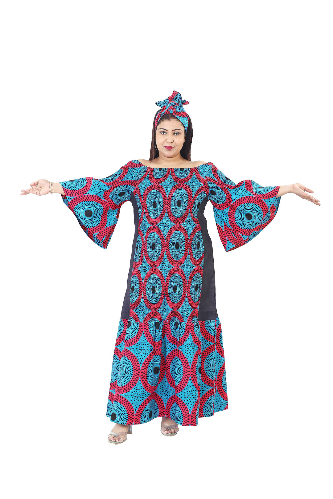 Elastic Long Dress "Sky Blue, Red"
