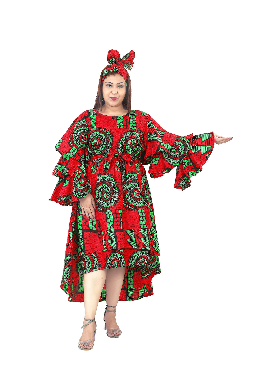Three-Tier Butterfly Sleeve Dress "Red, Green"