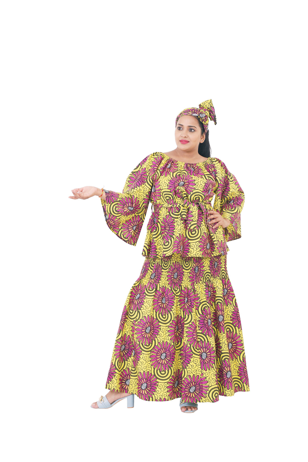 Three Piece Long Skirt Set "Magenta, Yellow"