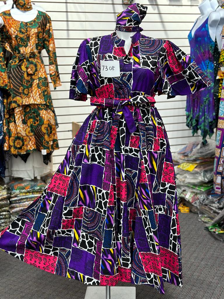 Short Sleeve Long Dress "Purple & Magenta" - 7308