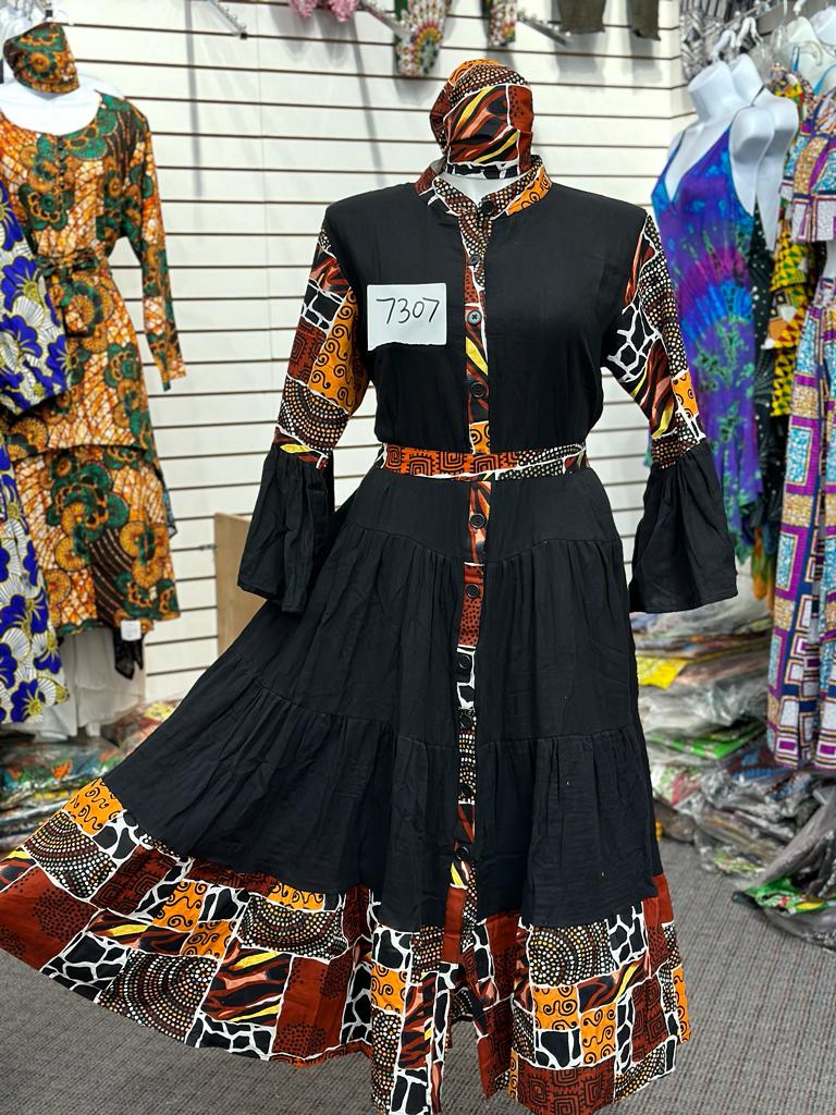 Long Button Down Dress "Black & Brown" - 7307