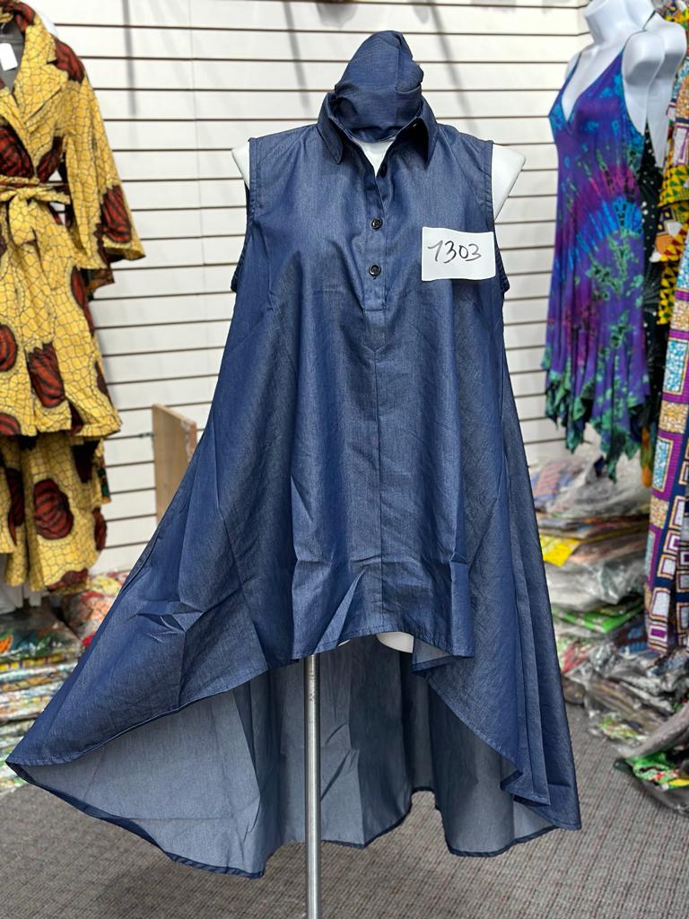High-Low Sleeveless Denim Dress - 7303