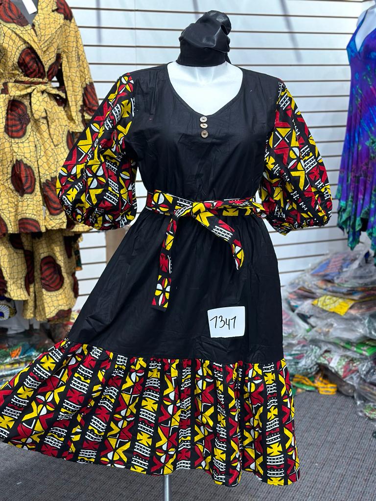 Ballon Sleeve Dress "Black, Yellow, Red, White" - 7347